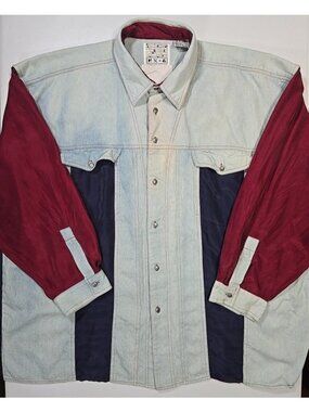 Vintage Western Colorblock Button Up Shirt NX-4 Distressed Denim & Silk Men's 3X
